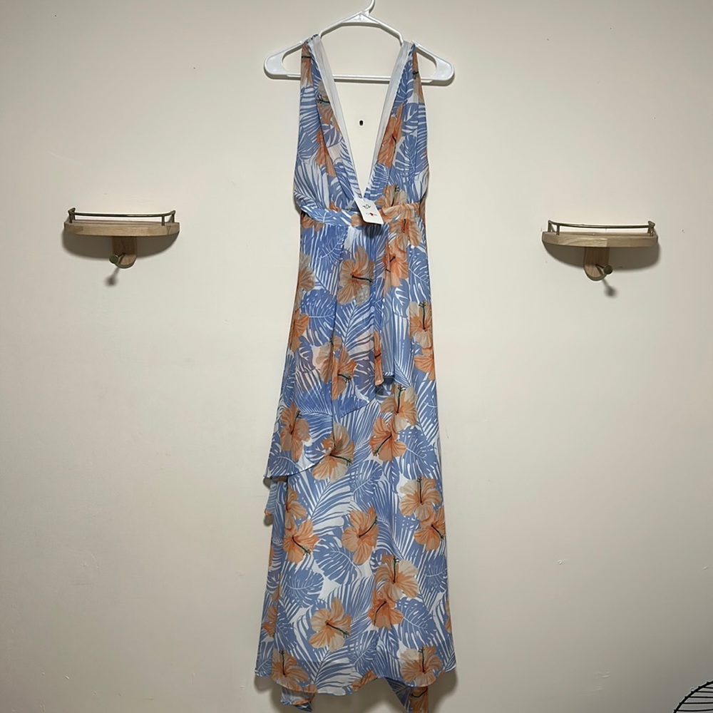 Halter Tie Neck Tropical Print Maxi Dress